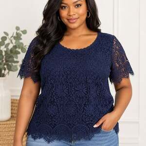 Isaac Mizrahi Live 1X Navy Floral Lace Blouse Crochet Boho Short Sleeve NWT